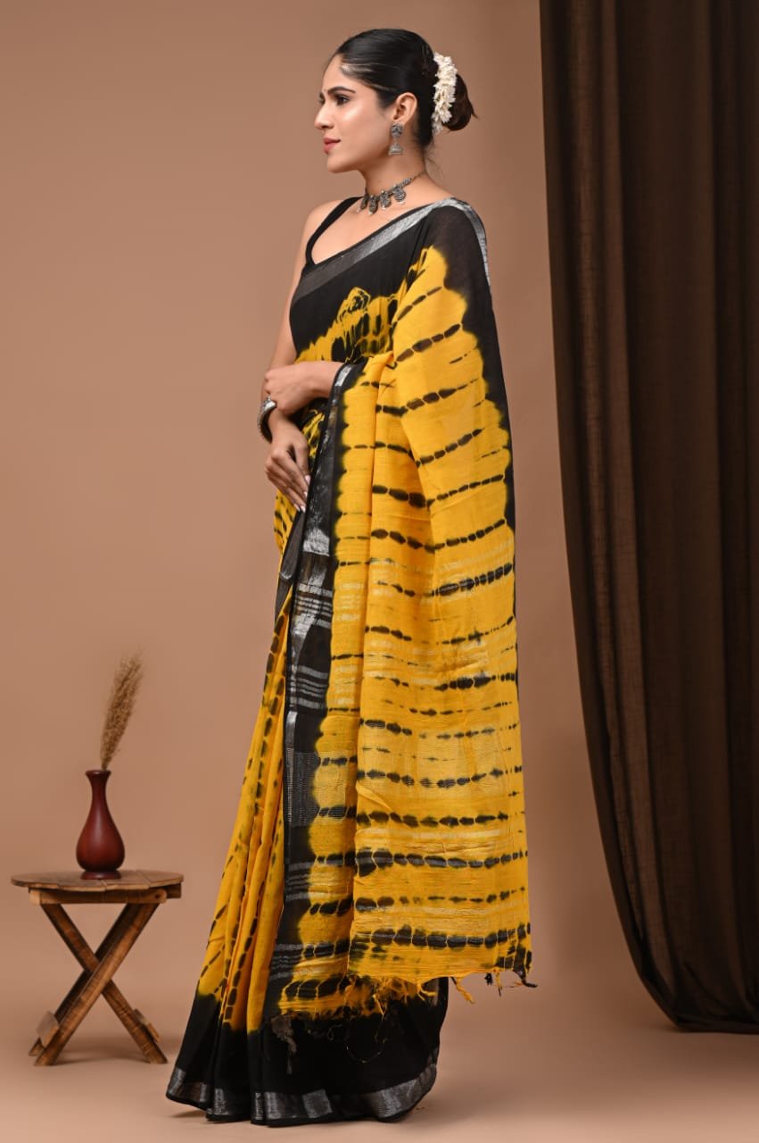 Hand Block Printed Linen Saree with Blouse